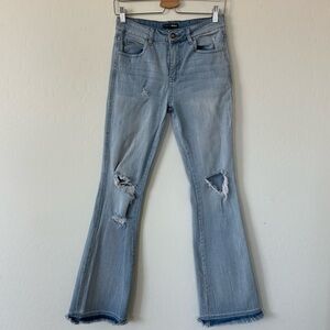Boho Distressed Light Wash Rough Drop Hem Flare Bell Bottom Jeans Size 7